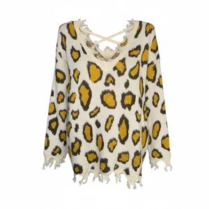 Davi And Dani Ivory Mustard Leopard Distressed Lace Up Sweater Large Boho